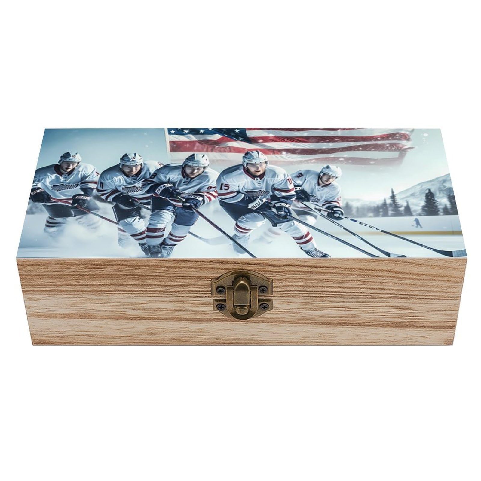 CGSBNGHA Ice Hockey U.S Sports Wooden Storage Boxes with Lid Memory Box Decorative Organiser for Office And Home