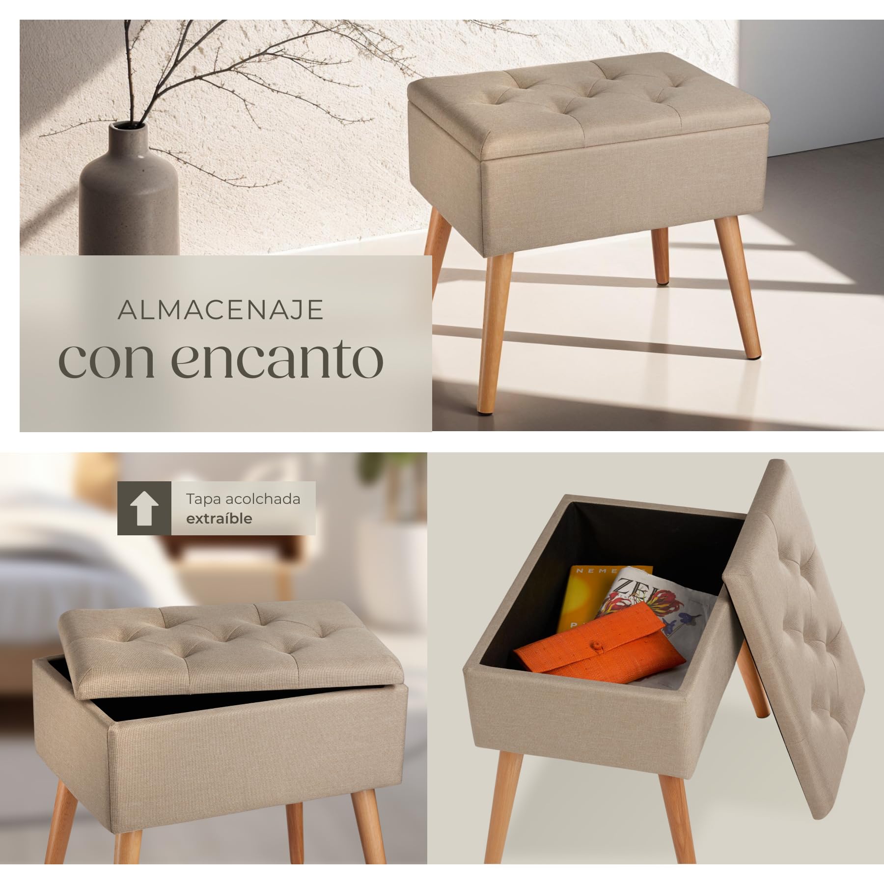 tectake® Puff Almacenaje Dormitorio con Diseño Elegante Efecto Lino, Banco con Almacenaje Práctico, perfecto Taburete Tocador, Puff Reposapies o Banqueta Dormitorio - 51 x 37,5 x 45,5 cm Arena
