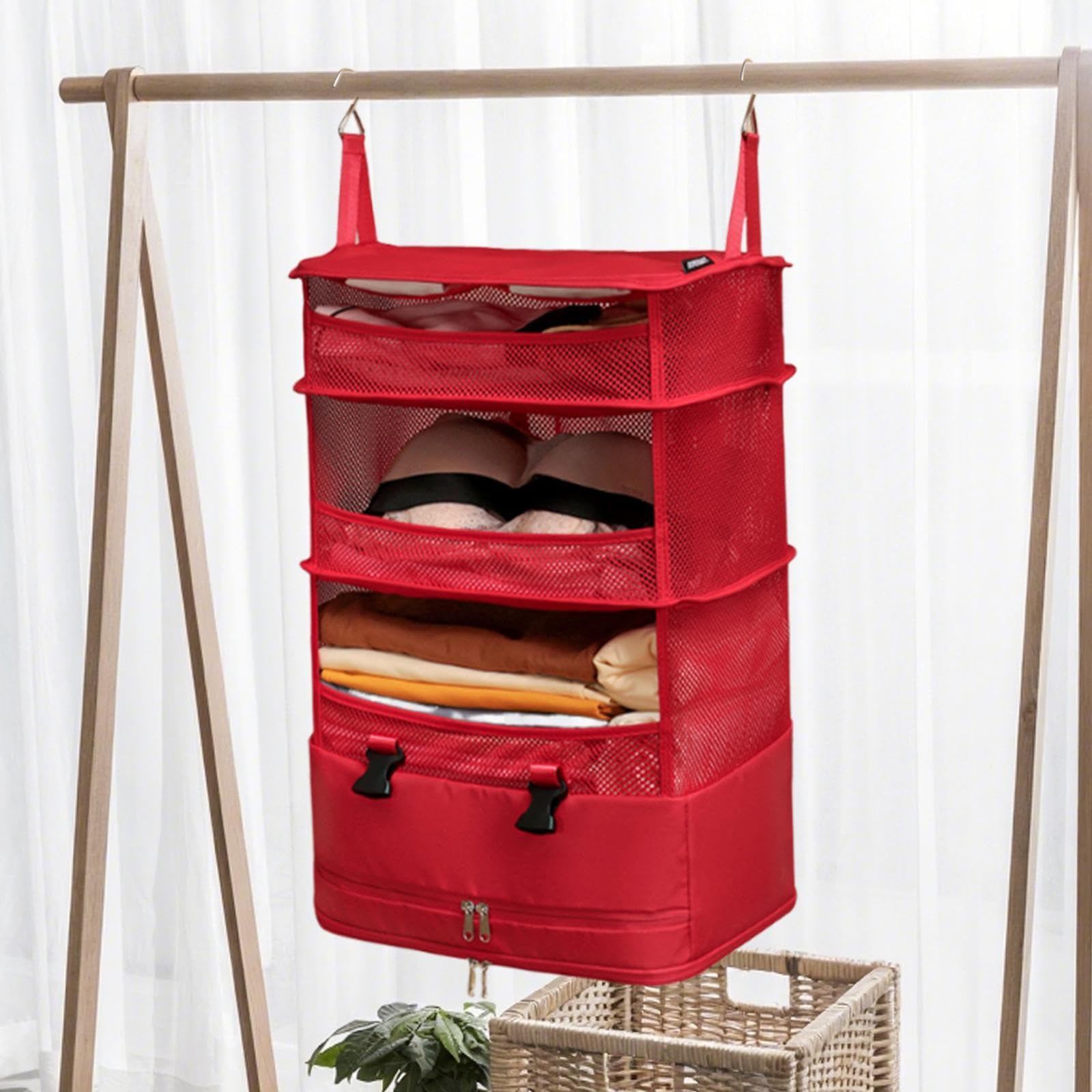 Hängende Reiseregale, Taschen, Kleideraufbewahrung, Kofferorganizer, Unterwäschebeutel, mit Haken, Kleiderbügel, Reisetasche, Rot