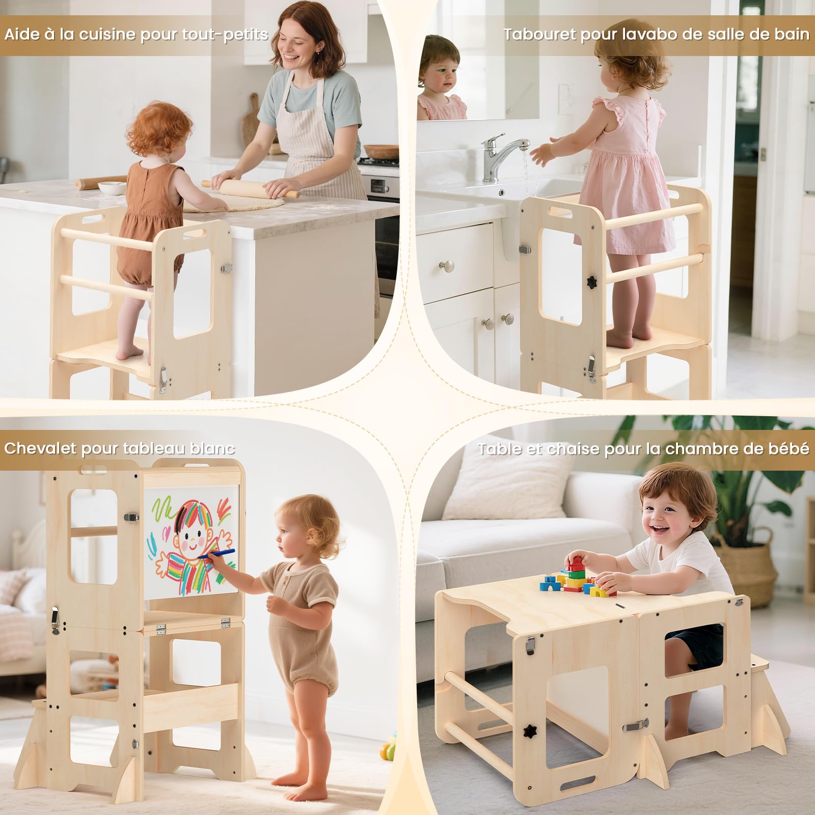 Torre Montessoriana 4 in 1 Pieghevole per Bambini da 1 Anno con Lavagna e Lavagna Bianca, Regalo 1-3 Anni