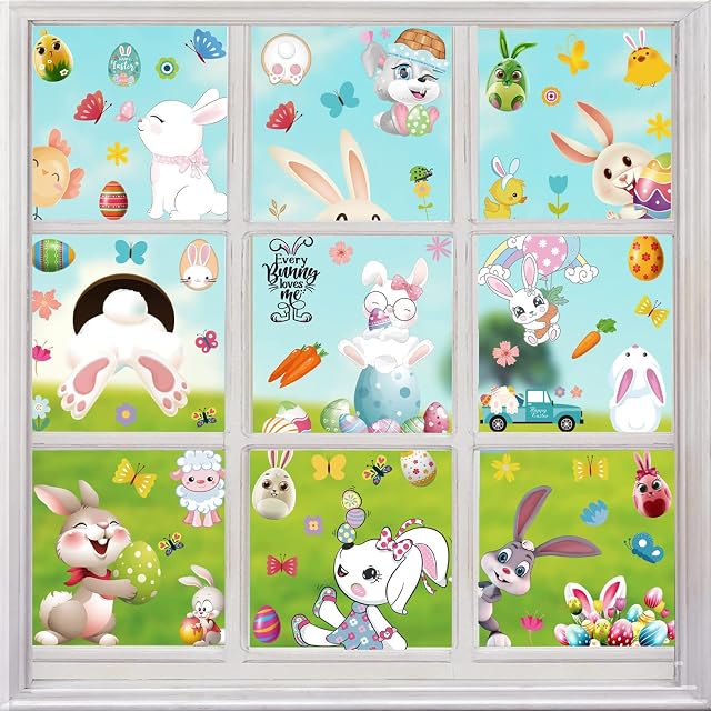 Adisno 153pcs Easter Window Clings, Easter Window Stickers, with Eggs, Carrot, Butterfly, Flower, Easter Crafts for Home Office Shop Window Easter Decoration