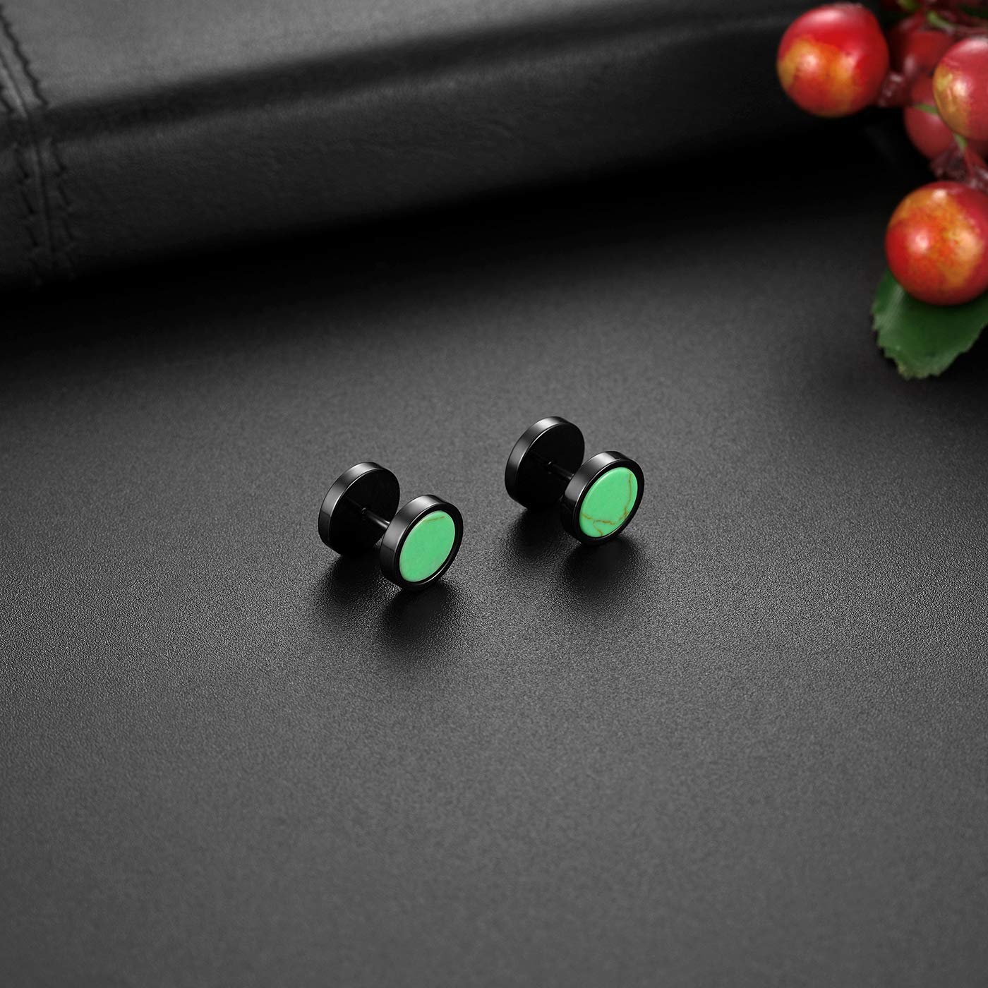 Flongo 10MM Boucles d'Oreilles Dormeuses pour Femme Homme, Clous d'Oreilles Puces Percés Faux Ecarteurs Acier Inox Incrusté Pierre Couleur Noir Brun Vert Blanc Bleu Fantaisie Cadeaux Anniversaire Noël