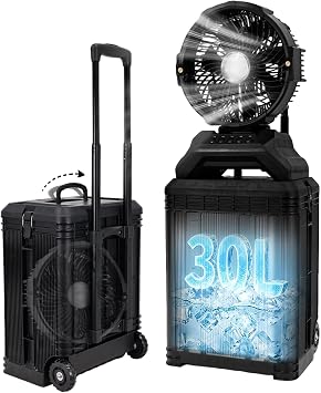 Portable Misting Fan, 30L Water Tank Rolling Mist Fan, 30000mAh Rechargeable Outdoor Cooling Fan with Remote, 4 Speeds, 90 Oscillation, for Patio, Camping, Sports, Outside & Travel Black