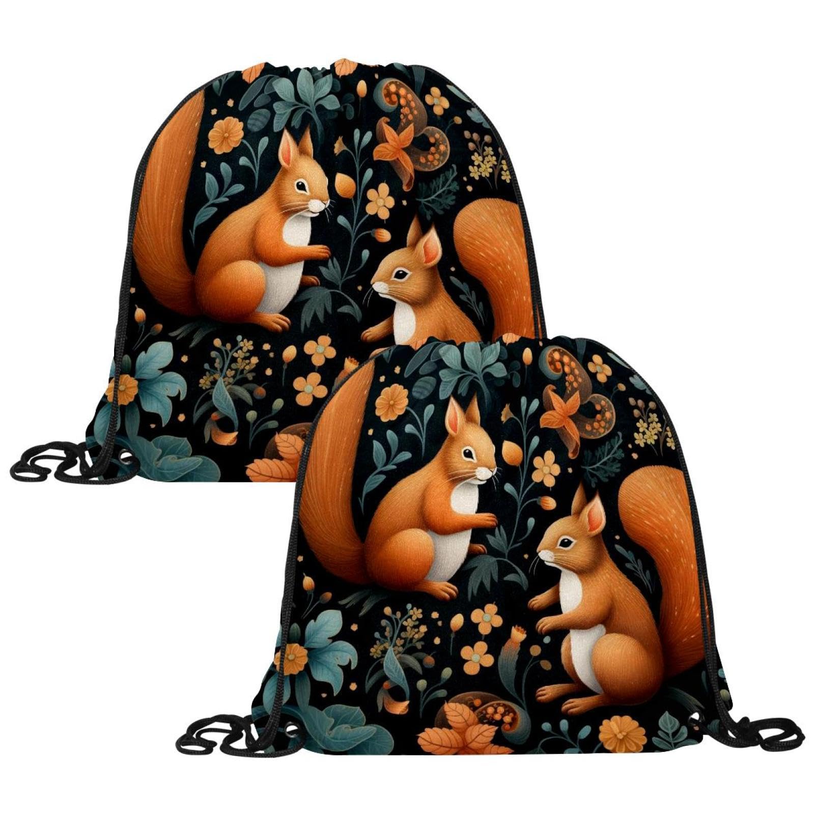Luoweisi 2 Pack Drawstring Bags, Forest Squirrels PE Bags Drawstring Gym Bag String Swimming Sports Bag for School Sports Swimming Gym Travel, Beach