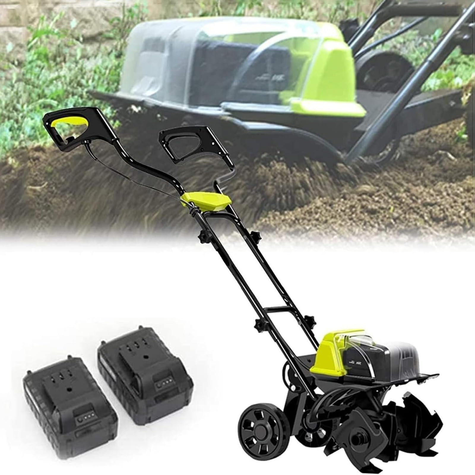 Motozappa elettrica con 2 batterie, coltivatore senza fili da 40 V per la preparazione del terreno, aeratore per prato e trituratore da giardino, 390 rpm piccolo aratro