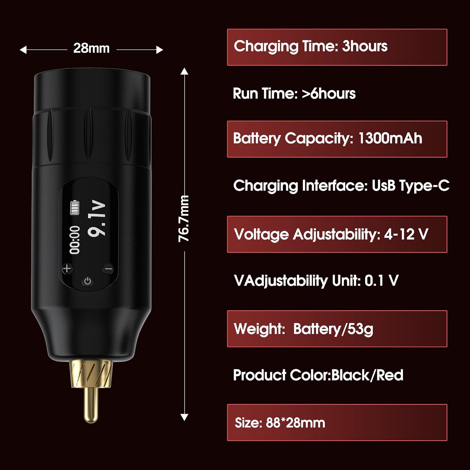 Tattoo Pen Kit with Wireless Power Supply, 1300mAh Battery 4 to 12V Adjustable Tattoo Machine Set with Cartridges Practice Skin,Black gold,B