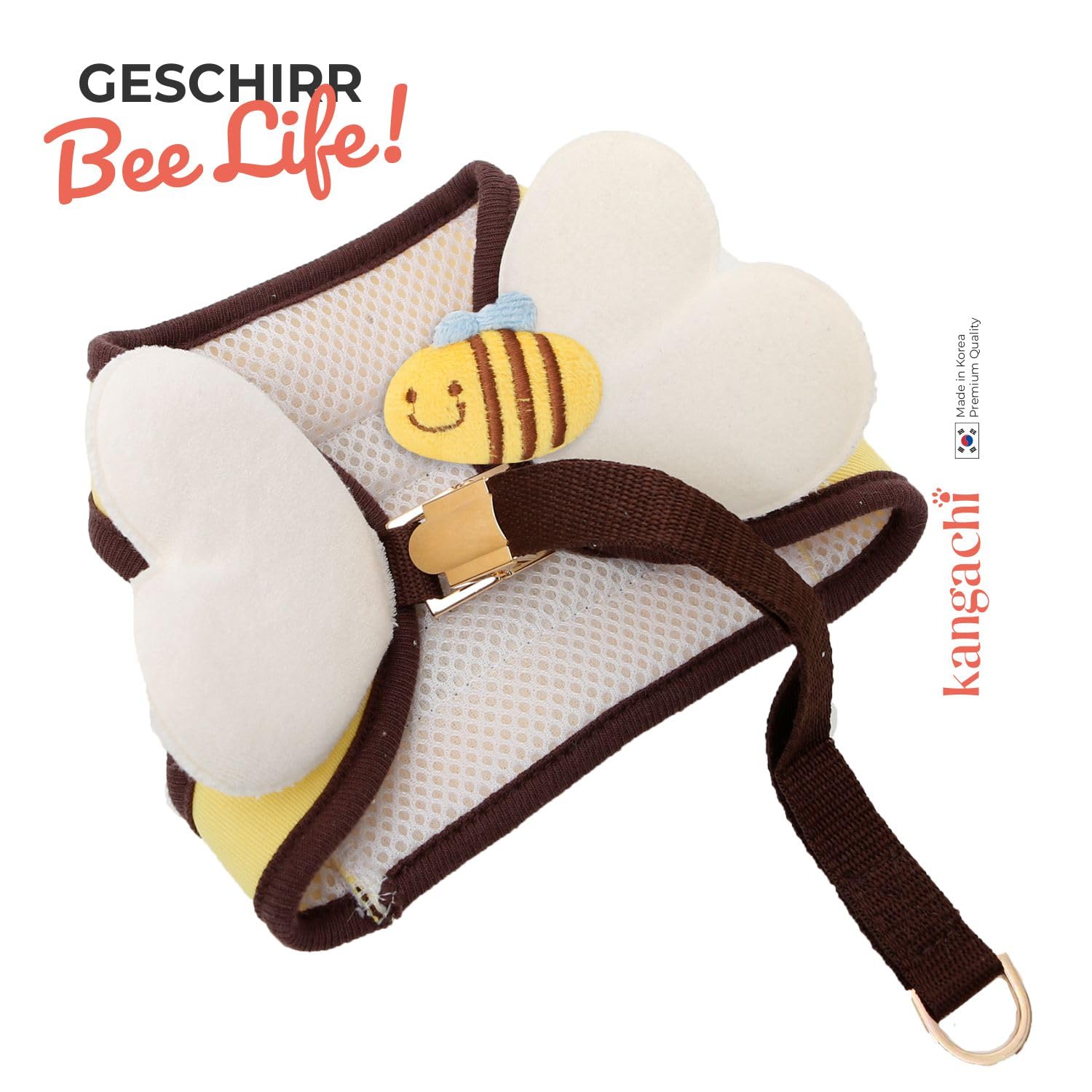 Its Dog & Kangachi Honeybee Hundegeschirr mit Leine für kleine Hunde - Atmungsaktives Mesh-Gewebe, Größe L (42-46 cm), Gelb.