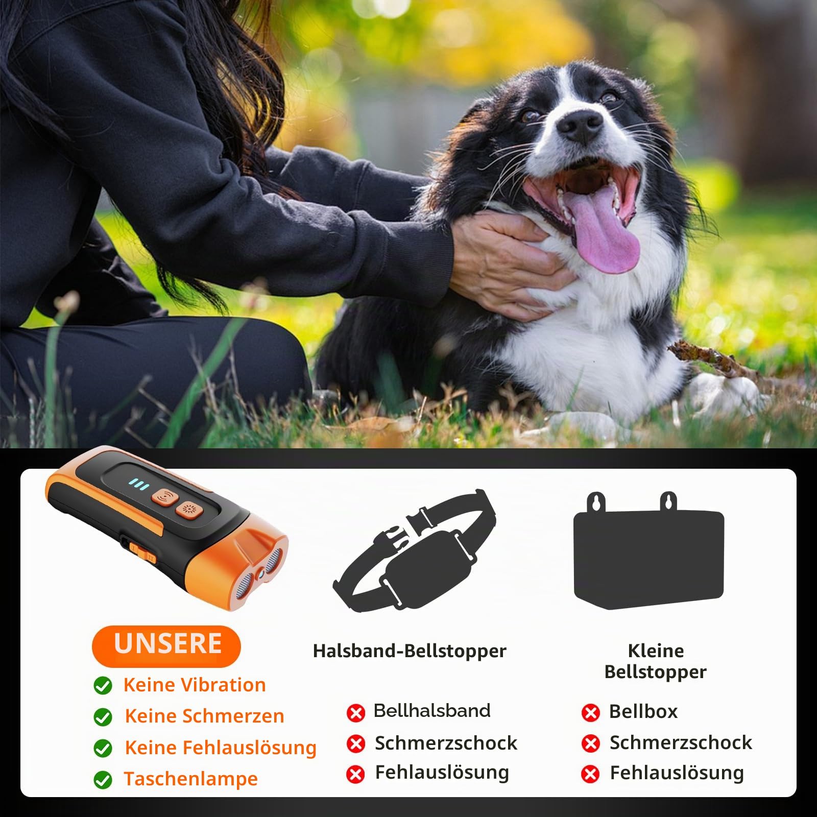 2026 Upgrade Antibell Ultraschall Gerät,40 Fuß Anti Bell Gerät Hunde, 2 Modi Antibell für Hunde mit Stroboskop Taschenlampe, wasserdicht,Geeignet für kleine, mittelgroße und große Hunde.