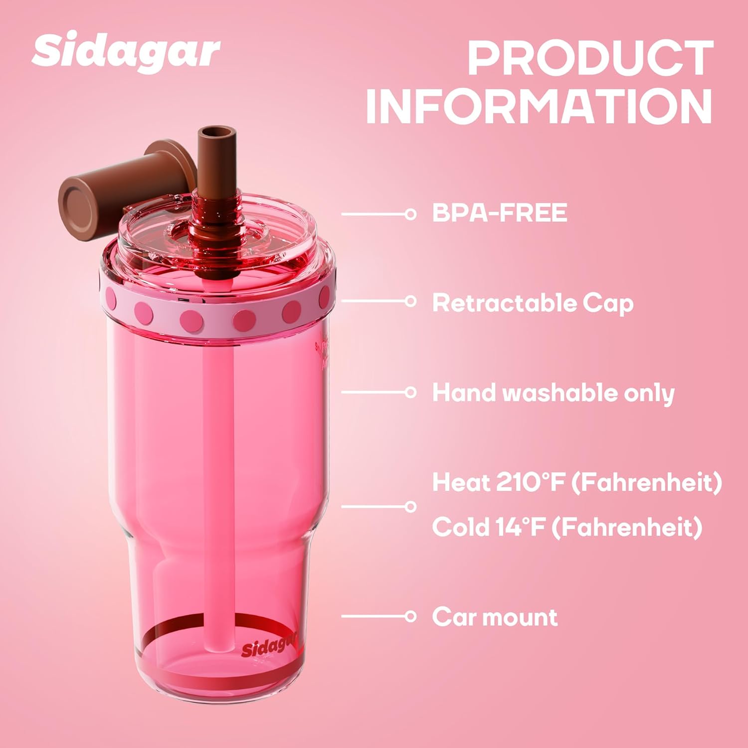 22 oz Aesthetic Tritan Water Bottle with Straw Lid & Charm Pink image 3
