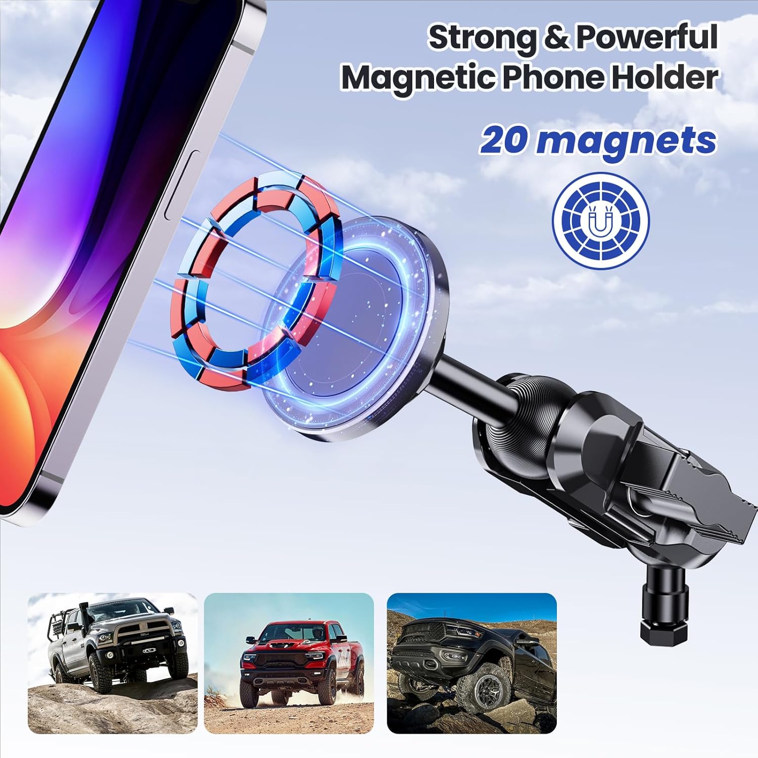Stainless Steel Phone Mount for 2019+ Ram 1500/2500/3500/TRX, Magnetic & Clamp Dual Heads, All-Metal Shakeproof Unique America Flag Design OEM Screw Hole Dash Mount Install Super Stable