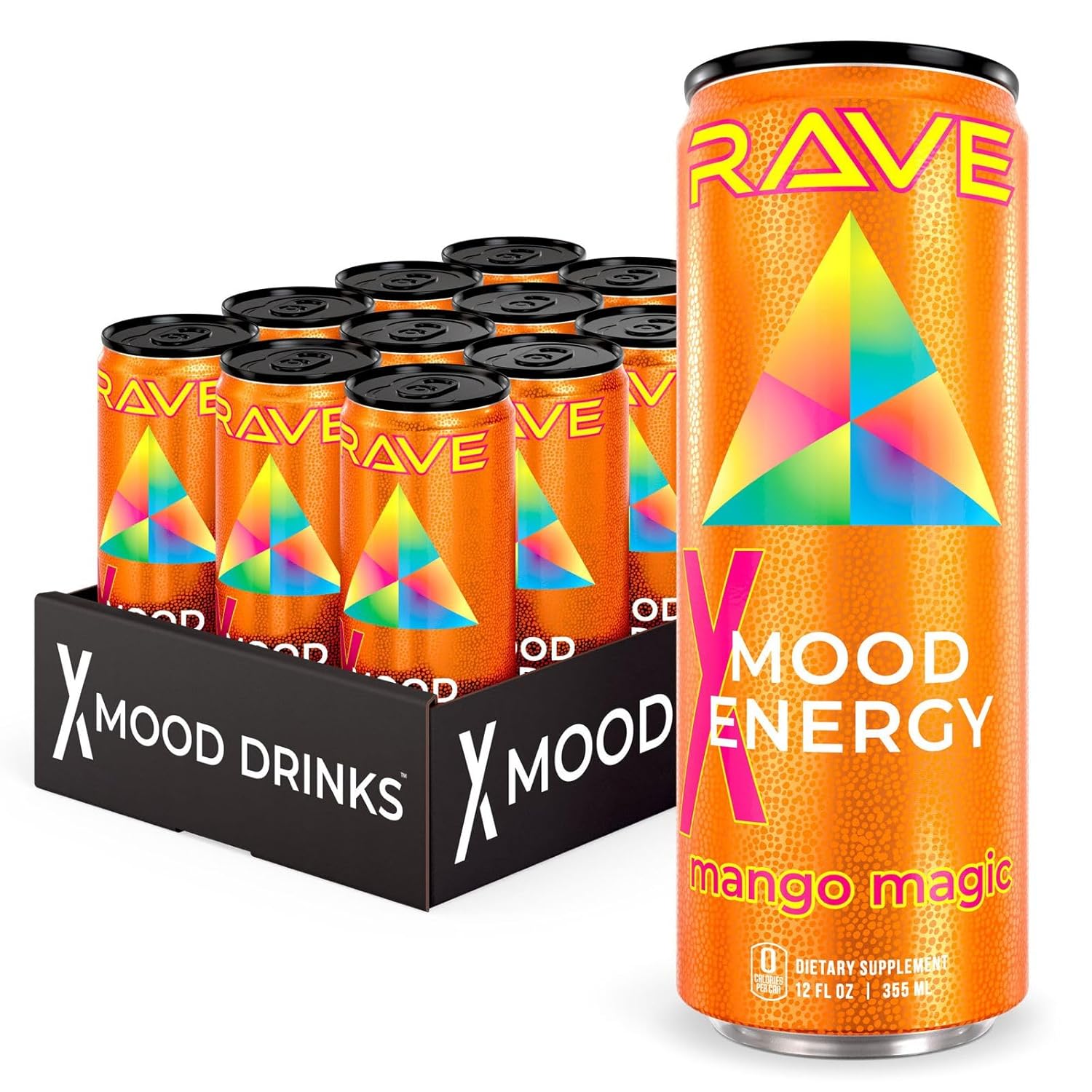 RAVE Mood Energy Drink is Mind Blowingly Different. With Mood-Boosting Functional Mushrooms, Nootropics, Adaptogens & B Vitamins. Experience Mind & Body Rush! 225mg Caffeine - Electrolytes - Zero Calories - Delicious Candy Rush Flavor - 12 fl oz – 12 Pack