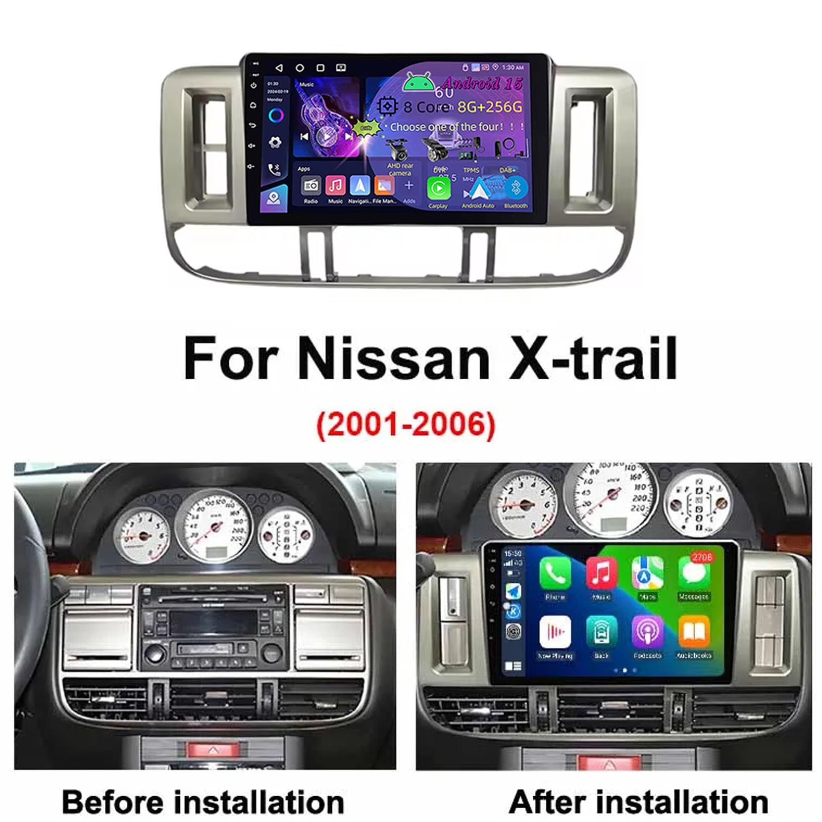 9-calowy, podwójny DIN, samochodowy system stereo z systemem Android 15 do Nissana X-Trail 2001-2006, z kamerą cofania Car Play, sterowaniem z kierownicy, Bluetooth, GPS, radiem FM i Wi-Fi (