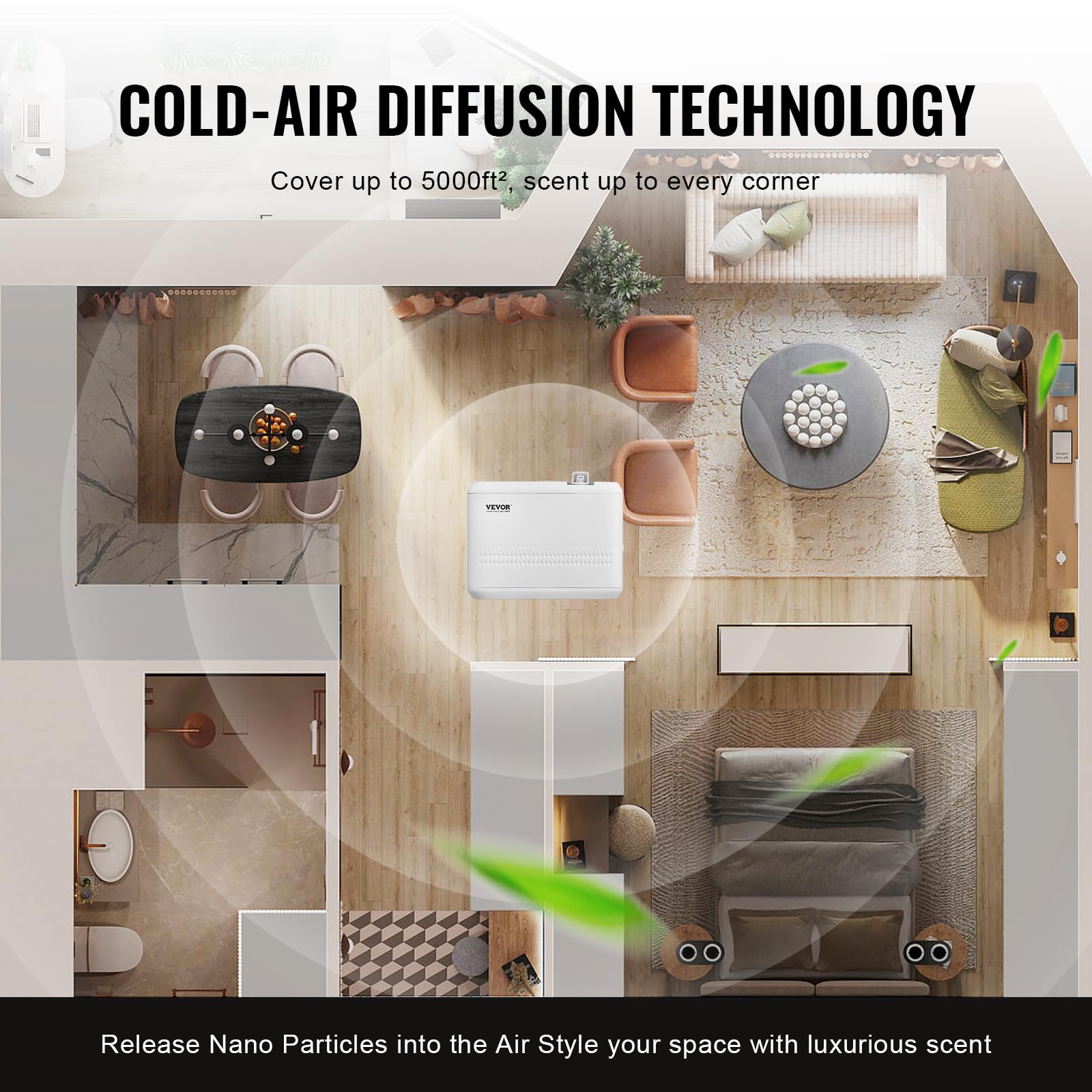 VEVOR Duftluftmaschine, 850ml Bluetooth Smart ätherisches Öl Diffusor, 5000sq.ft wasserlosen HVAC Duft Diffusor mit Kaltluft-Technologie, Aromatherapie Diffusor Maschine für Haus, Büro, Hotel