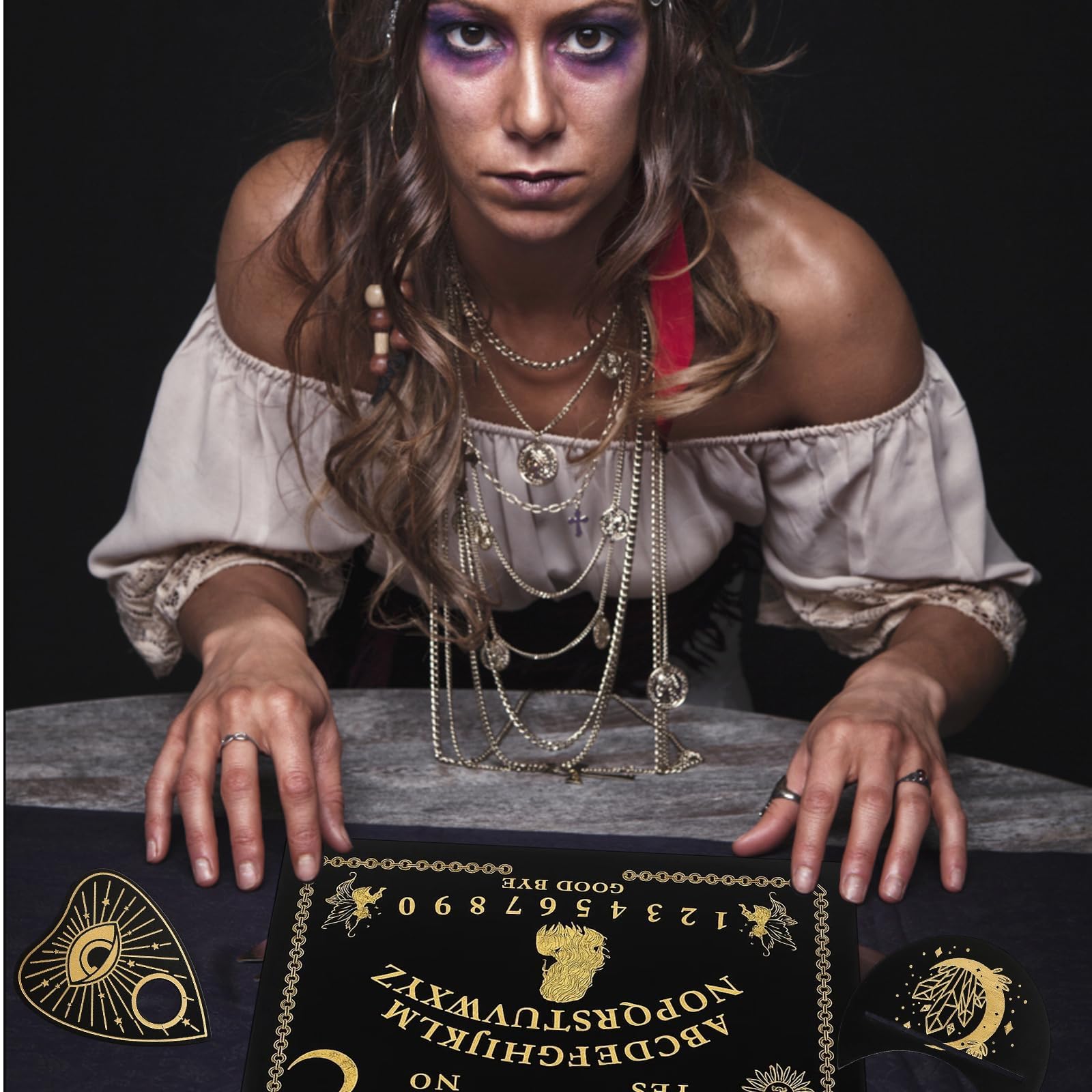 QXCFTW Ouija Board - Wooden Spirit Board Game with Planchette for Séance & Spirit Communication, Black, 30cm x 20cm - Image 3