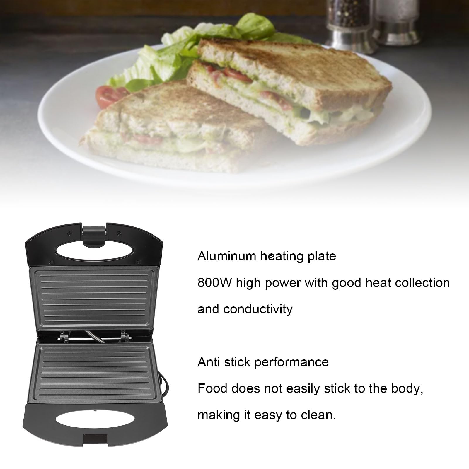 Panini Press, Electric Sandwich Press Grill, Electric Grill Indoor, for Grilling Sandwich, Steak, Burger, 800W Aluminum Non Stick Grill, Touch Handle (US Plug 110V)