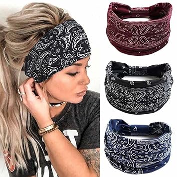 CAKURE Boho Wide Headbands Knotted Head Bands Turban African Head Wraps Yoga Hairbands Stretch Elastic Head Scarf Motorcycle Headbands Hair Accessories for Women and Girls Pack of 3 (Set-1)
