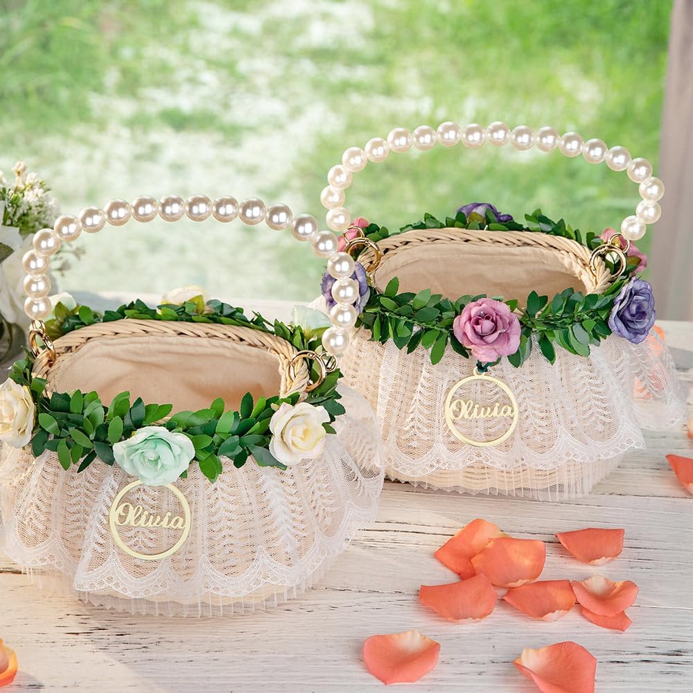 Personalized Wedding Flower Girl Basket with Pearl Handle - Custom Wicker Rattan Flower Basket with Name for Home Wedding Decor