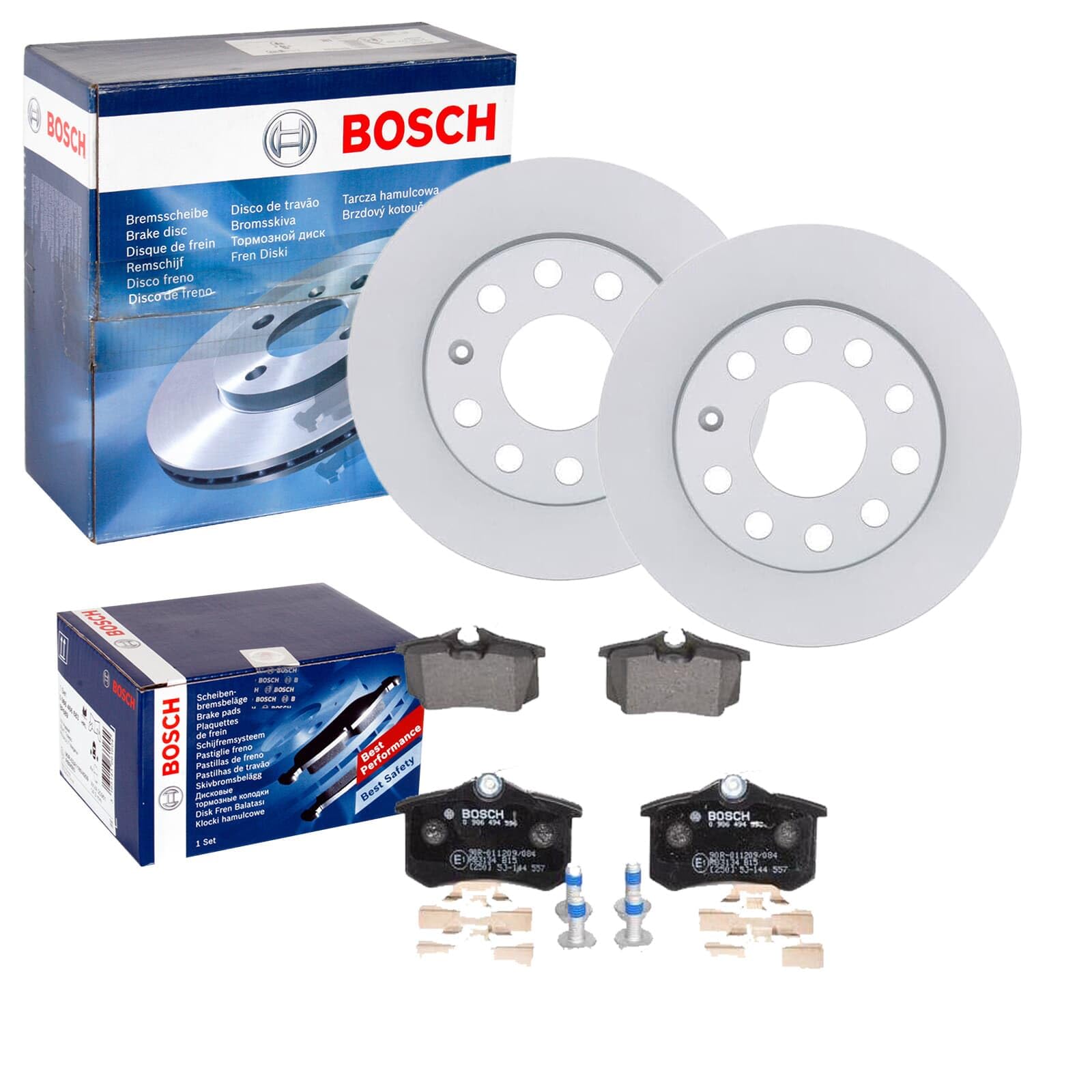 Bremsscheiben 253mm + Beläge hinten | 0986479099 + 0986494621 passend für Golf 5 6 A3 Leon Octavia