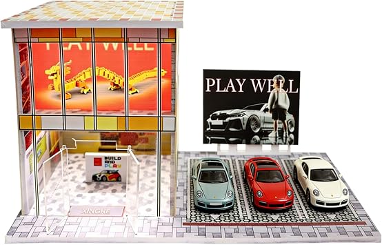 1/64 Model Car Display Shop Case for Adults, Premium in-House-Design Scale Diecast Parking Garage for Toy Cars, Toys Car Garage, Scenic Diorama Display Car Park with ith LED Lamps Chinese Dragon
