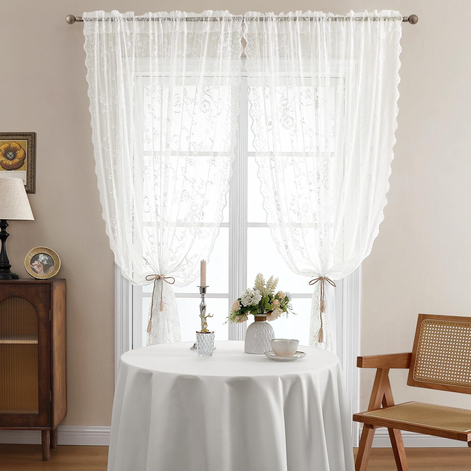 HOMEIDEAS Cute Ivory Vintage Sheer Lace Curtains for Bedroom Elegant Victorian Curtains 84 Inch Length for Living Room Romantic Floral Rod Pocket French Window Drapes, 2 Panels, 52 X 84 Inch