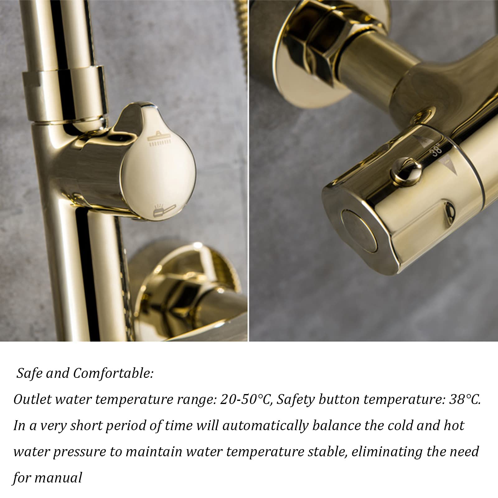 Zestaw prysznicowy termostatyczny Gold Combo do montażu na ścianie, z baterią natryskową, słuchawką prysznicową i wylewką wannową.,