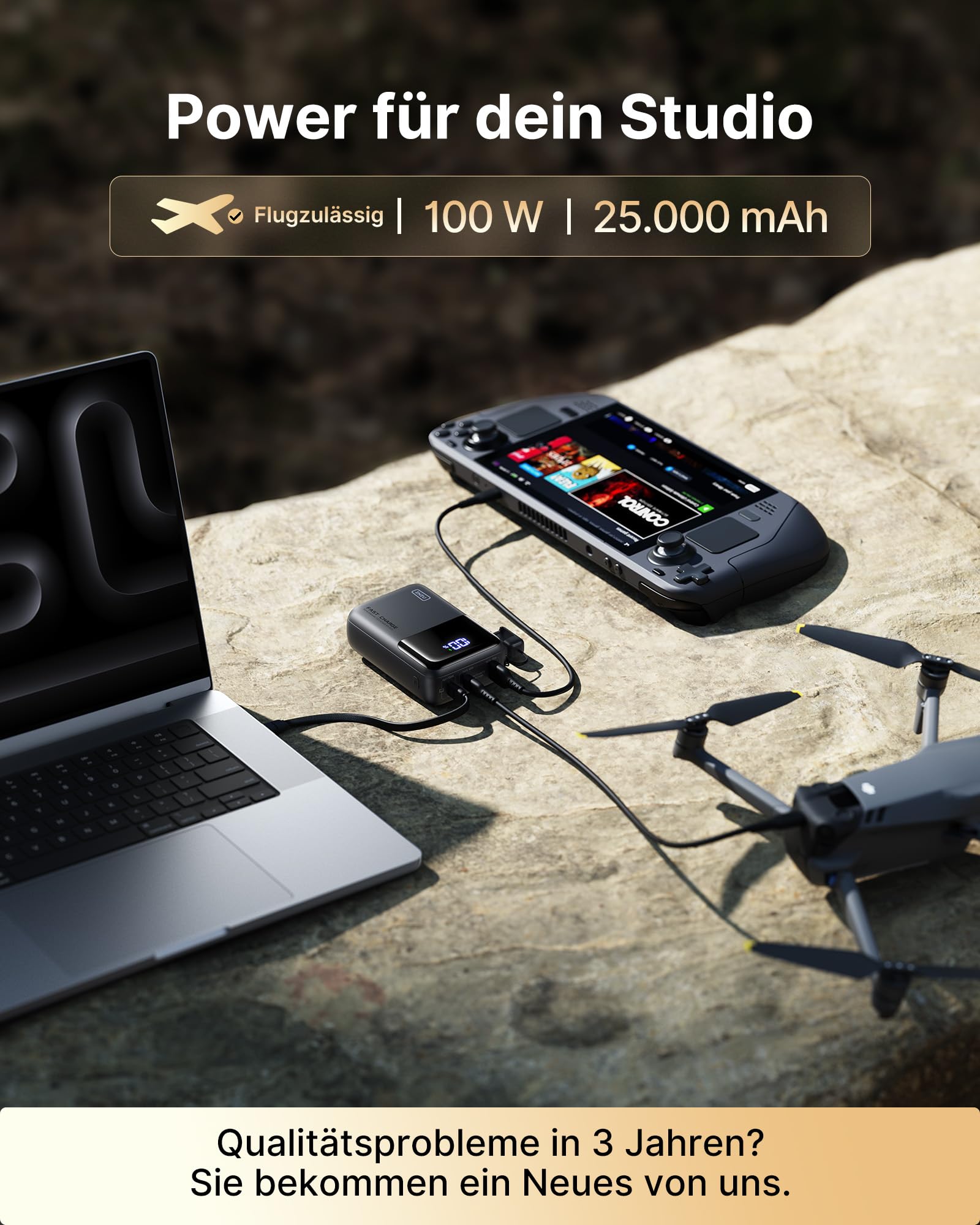 INIU Laptop Power bank, Ultra Kompakt 100W Schnellladung Powerbank, 25000mAh Hochkapazität Externer Akku mit USB C Kabel, Flugtauglich, für MacBook, Steam Deck, iPhone 17/16/15 Pro, Samsung, iPad uvm.