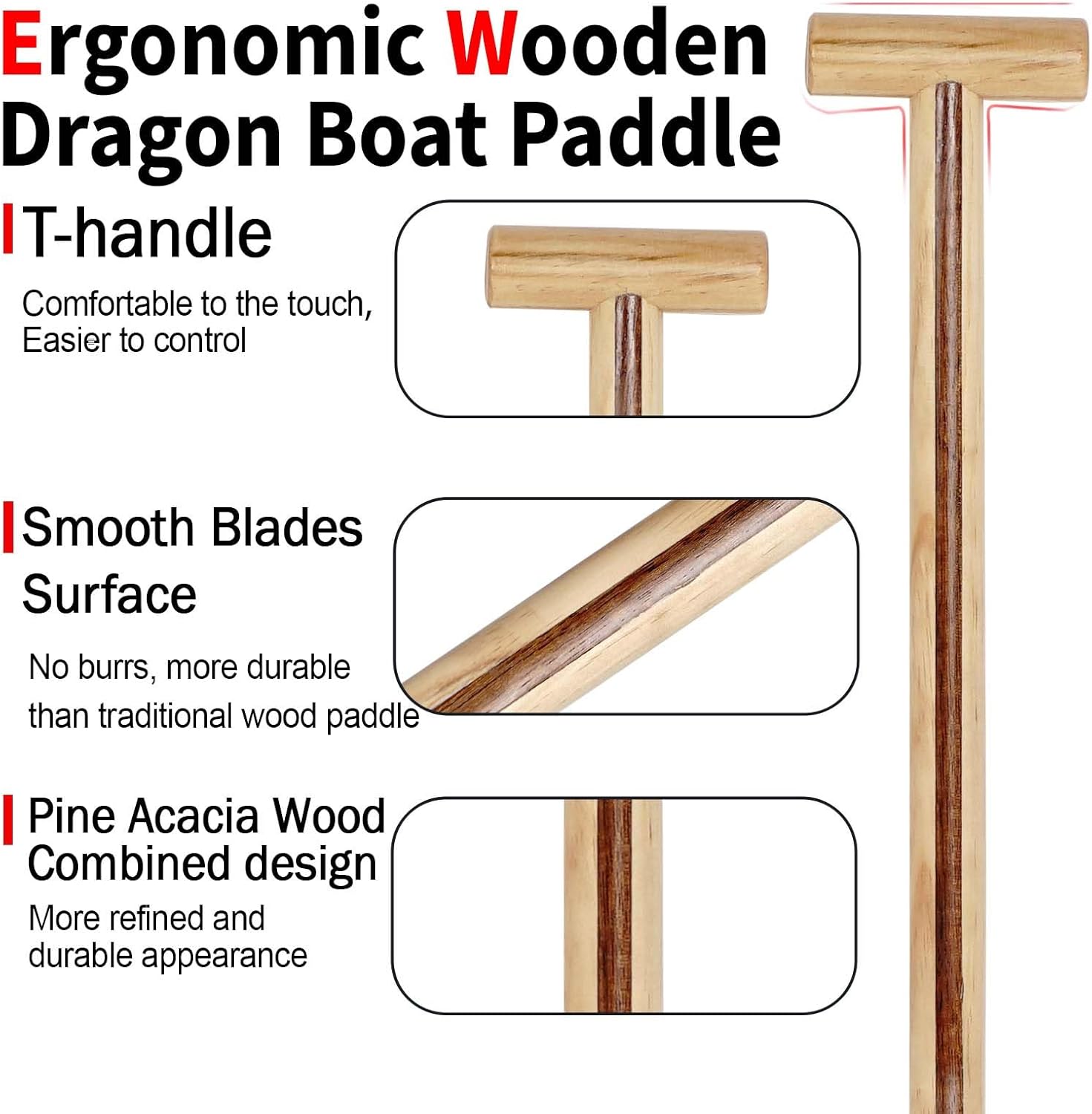 Wood Dragon Boat Paddle, Lightweight Wooden Canoe Paddle with Paddle Bag, IDBF Approved Boat Oars with T Handle for Dragon Boat Paddler, 120/125/130cm(47/49/51in)
