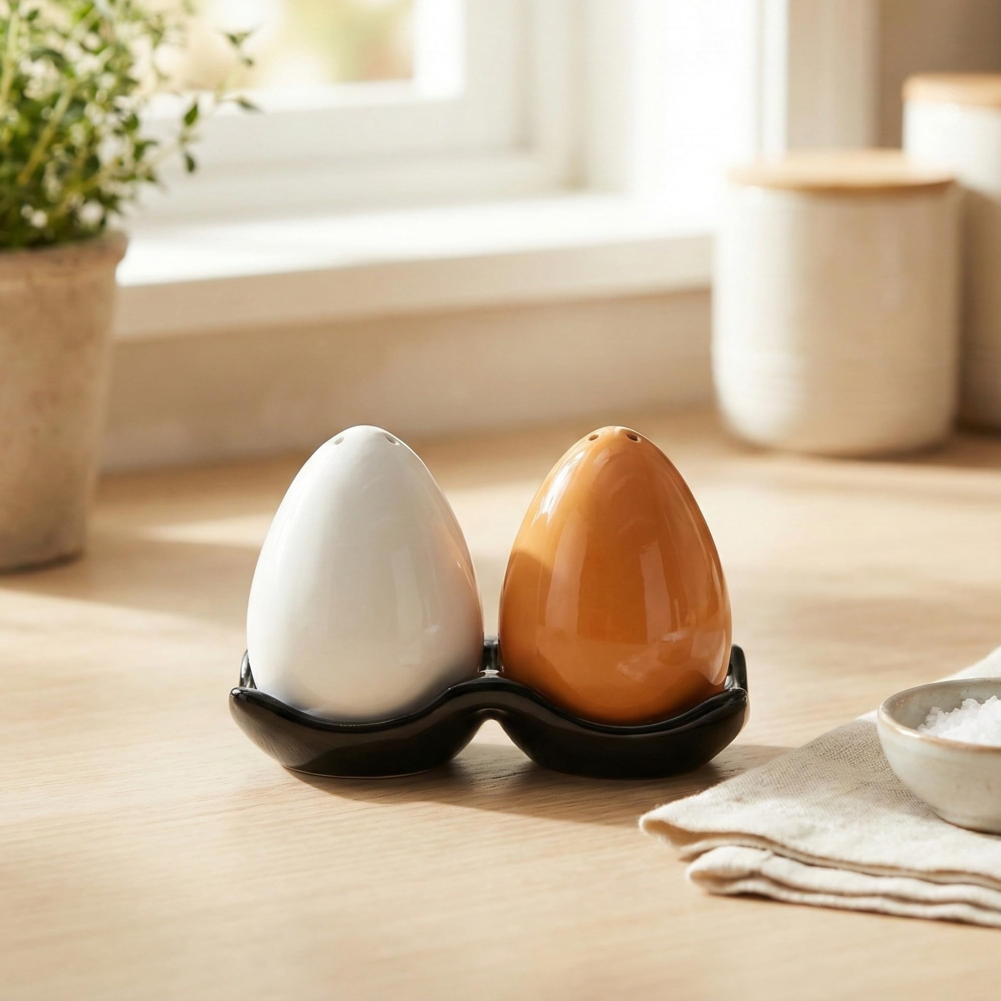eCraftIndia Handcrafted Egg Shape Ceramic Salt and Pepper Shaker Set for Dining Table & Kitchen | (Egg with Black Tray)