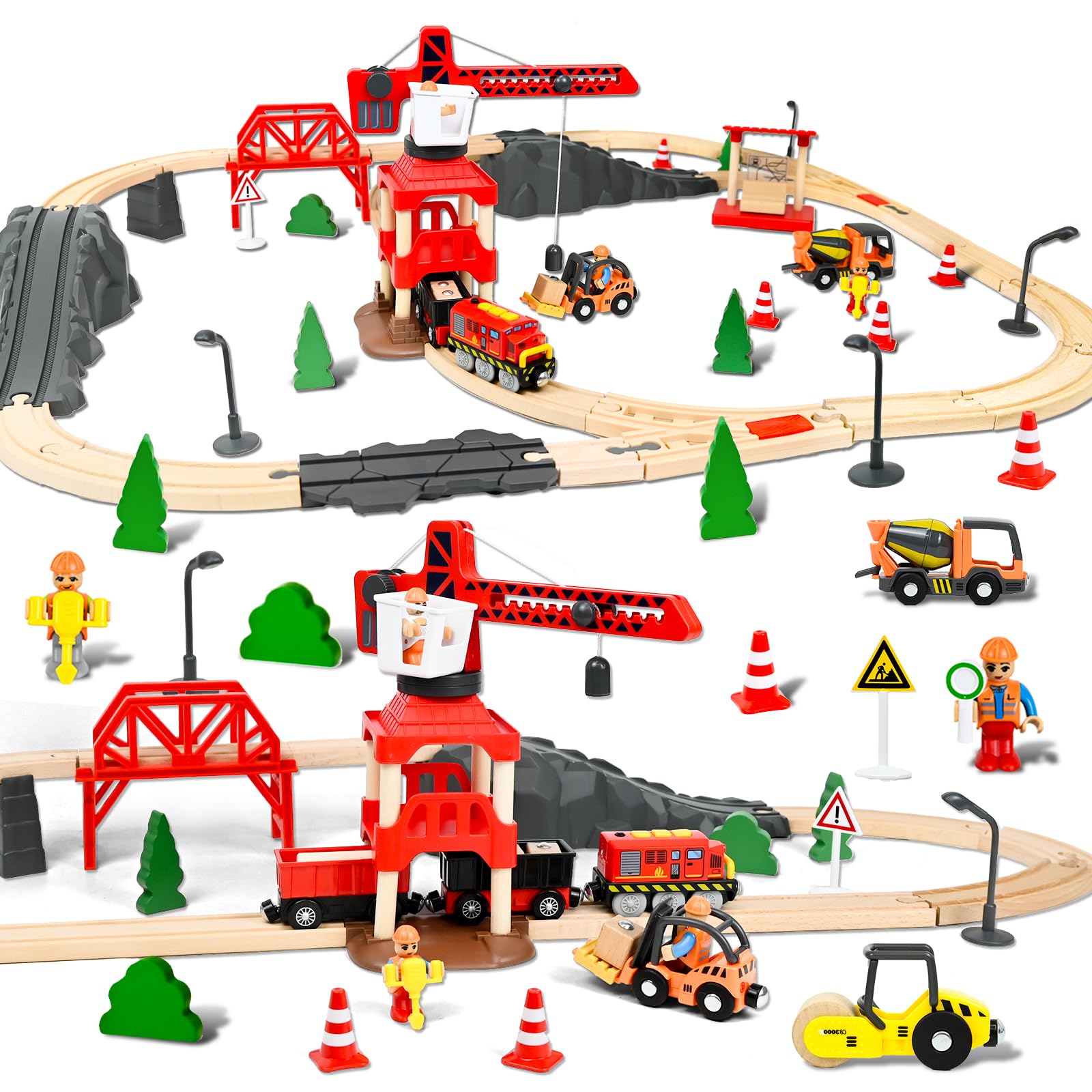 FORMIZON Set di 87 Pezzi Binari Trenino Legno, con Locomotiva Trenino Elettrico e Gru a Torre Telecomandata, Giocattoli Treno Elettrico, Ingegneria Ferroviaria, Regali di Compleanno e Natale Bambini