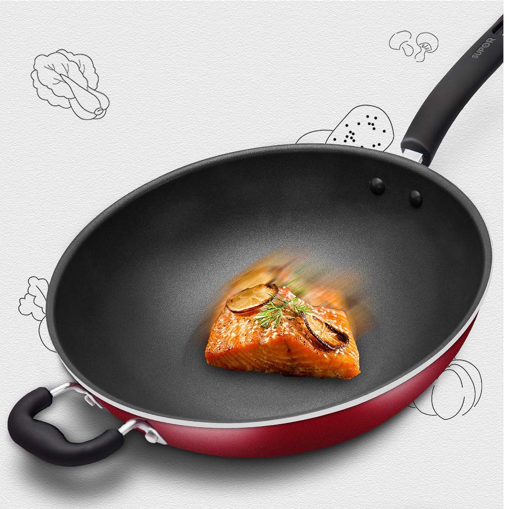 HMTE Wok, revêtement en céramique antiadhésif Wok, poêle multifonctionnelle en Aluminium à Fond Plat 4 en 1, cuisinière à gaz Naturel Facile à Nettoyer (30-34 cm), 32 cm (32 cm)