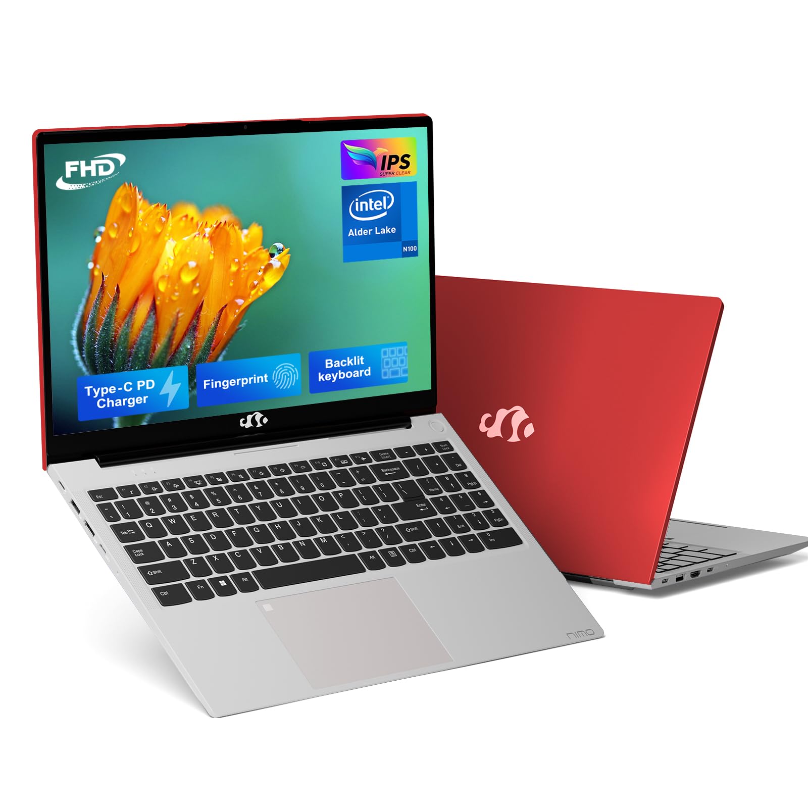 NIMO 15.6 IPS FHD-Laptop, Intel Pentium Quad Core N100 (Beat to i3 1115G4 Up to 3.4GHz) 8GB RAM 256GB SSD Laptop-Computer with 65W Type-C Backlit Keyboard Fingerprint Win 11 Red (Renewed)
