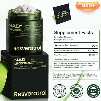 NMNH Supplement Alternative, NAD Nicotinamide Riboside Resveratrol, Liposomal NAD + Resveratrol, 30-Day Supply High Purity NAD Supplement for Energy & Healthy Aging 60 Capsules