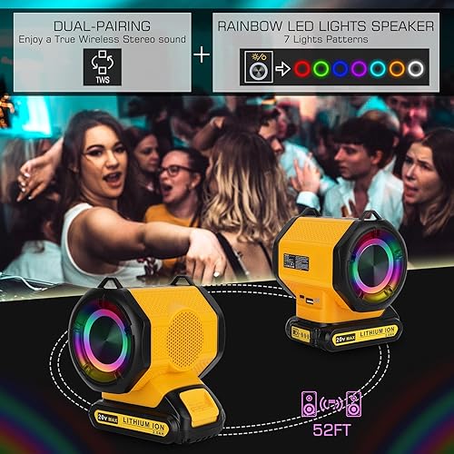 Miniatura 4 de YEX-BUR Altavoz Bluetooth inalámbrico compatible con batería Dewalt de 18 V 20 V Altavoz portátil con luces RGB, sonido estéreo, graves intensos,