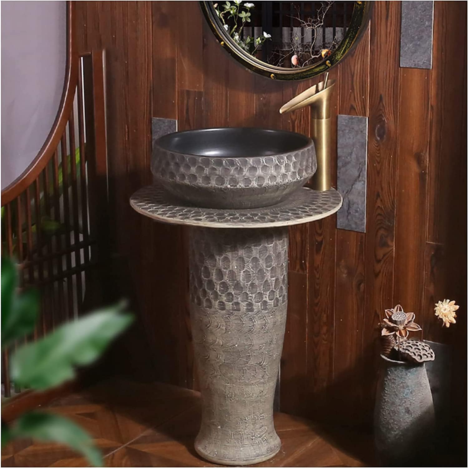 Freestanding Pedestal Sink Hotel Art Basin, Bathroom Ceramics Retro Industrial Style Deco with Hard and Easy to Clean Floor Standing Basin Unit (Color : G, Size with Mirror (C Wi