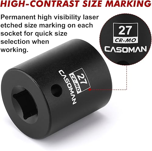 Miniatura 11 de CASOMAN 1/2" Drive x 1.417 in Deep 12 PT Socket Impacto, CR-MO, 1/2" Drive 12 Point Axle Nut Socket para una fácil extracción de las tuercas del eje