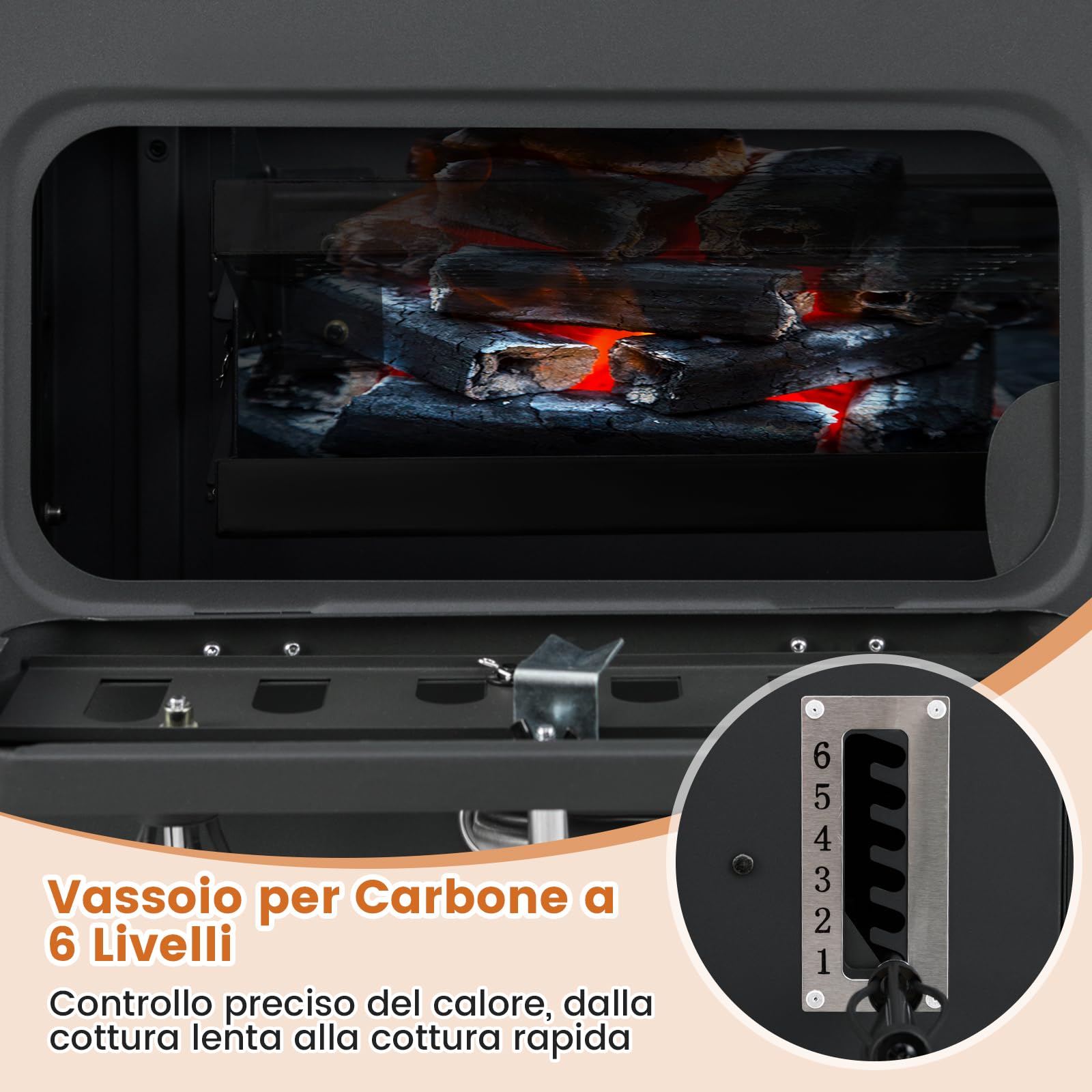 COSTWAY Barbecue a Carbone da Esterno con Ruote, Barbecue a Carbone Portatile con 2 Tavolini Pieghevoli, Vassoio del Carbone Regolabile a 6 Livelli e Ripiano di Stoccaggio, per Campeggio, Picnic