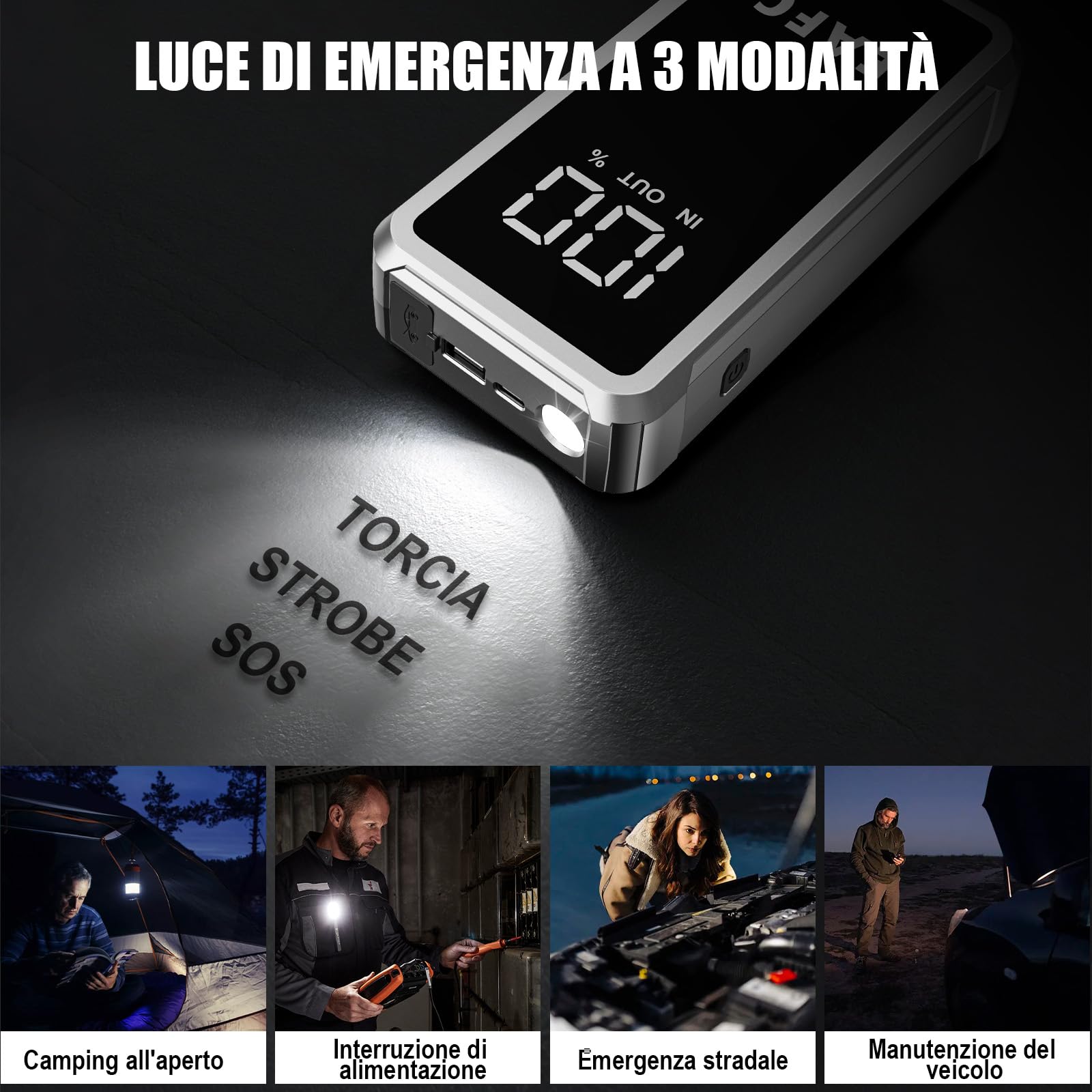 Powerbank avviatore per auto 12000mAh, booster auto avviatore 5000A 12V (fino a 10L di benzina/6L di diesel), avviatore auto booster con 3 modalità LED, schermo LCD, uscite USB 2.0, (scatola di