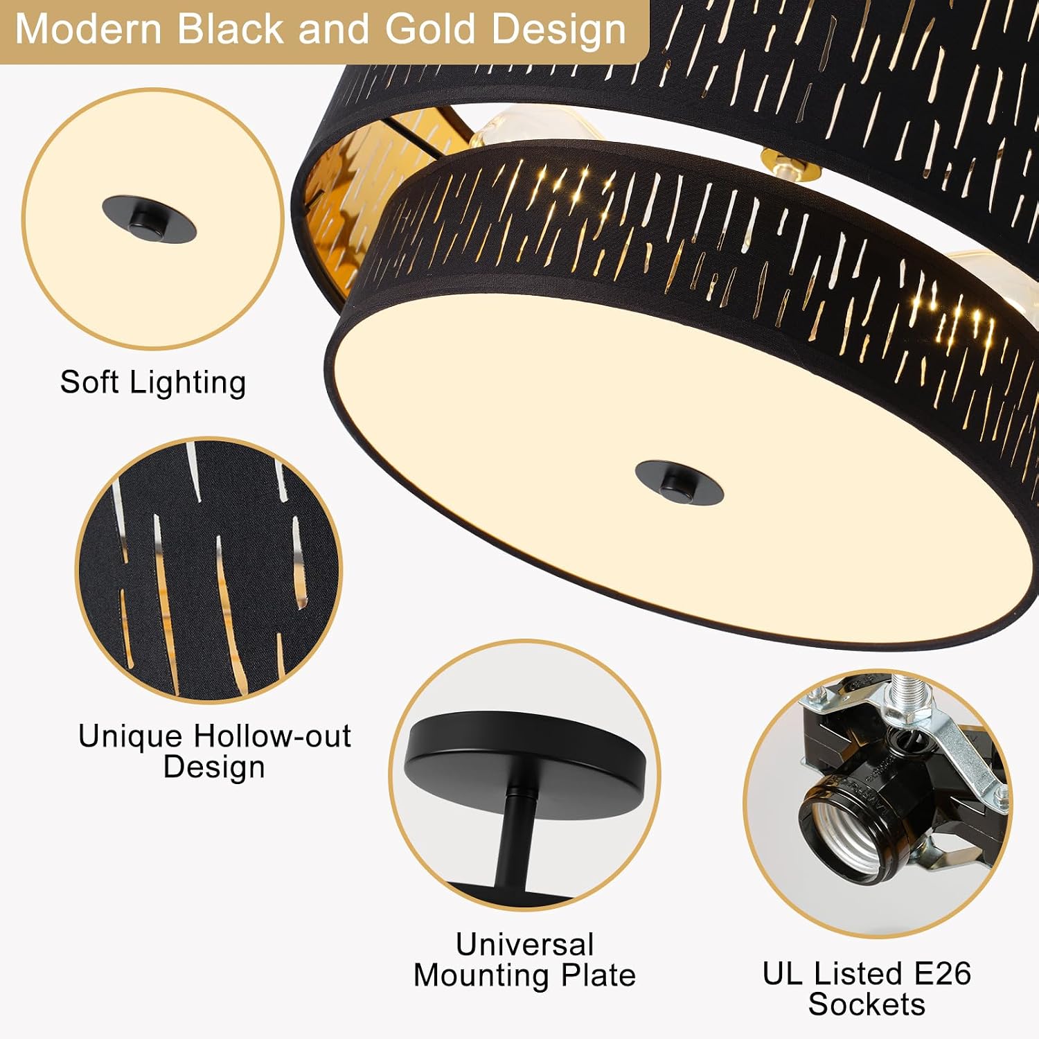 Drum Semi Flush Mount Lighting Fixture, Modern Semi Chandeliers, 2 Tier Fabric Ceiling Light, Black Fabric Shade 3-Light for Kitchen Island Bedroom Hallway Foyer, E26, W16xH12