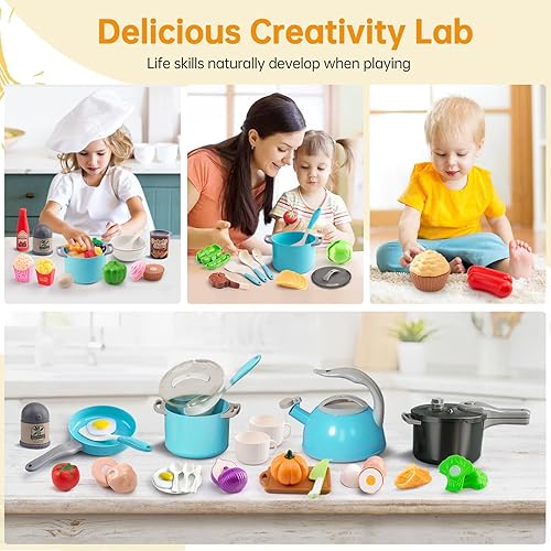 Miniatura 46 de Juego de cocina de 130 piezas, ollas de juego de cocina para niños, sartenes, utensilios de cocina, alimentos diarios, frutas y verduras, cesta