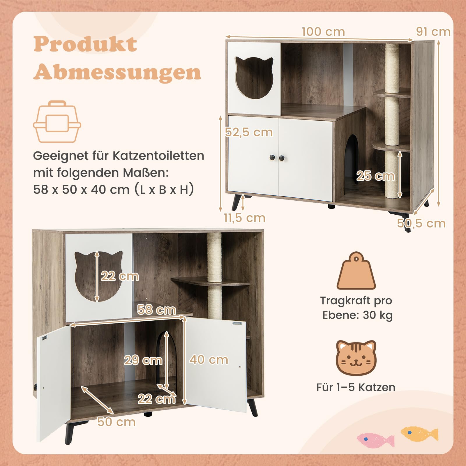 COSTWAY Katzenklo Schrank mit Kratzbaum, Katzenschrank für Katzentoilette mit Katzenhaus, Eingang, 2 Türen, Sisalstamm & Metallbeinen, Katzenmöbel Katzen, 100 x 50,5 x 91 cm, Grau