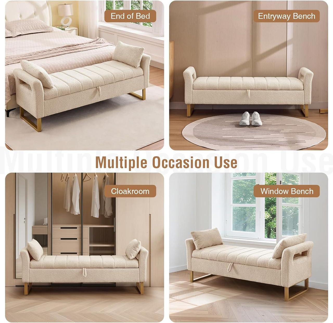 Fabrique Dover Boucl Fabric 2-Seater Ottoman Bench in Cream with Metal Legs | Multipurpose Storage Chest & Sofa Bench for Living Room, Bedroom & Hall | Stylish Seating with Storage | 5-Year Warranty 4