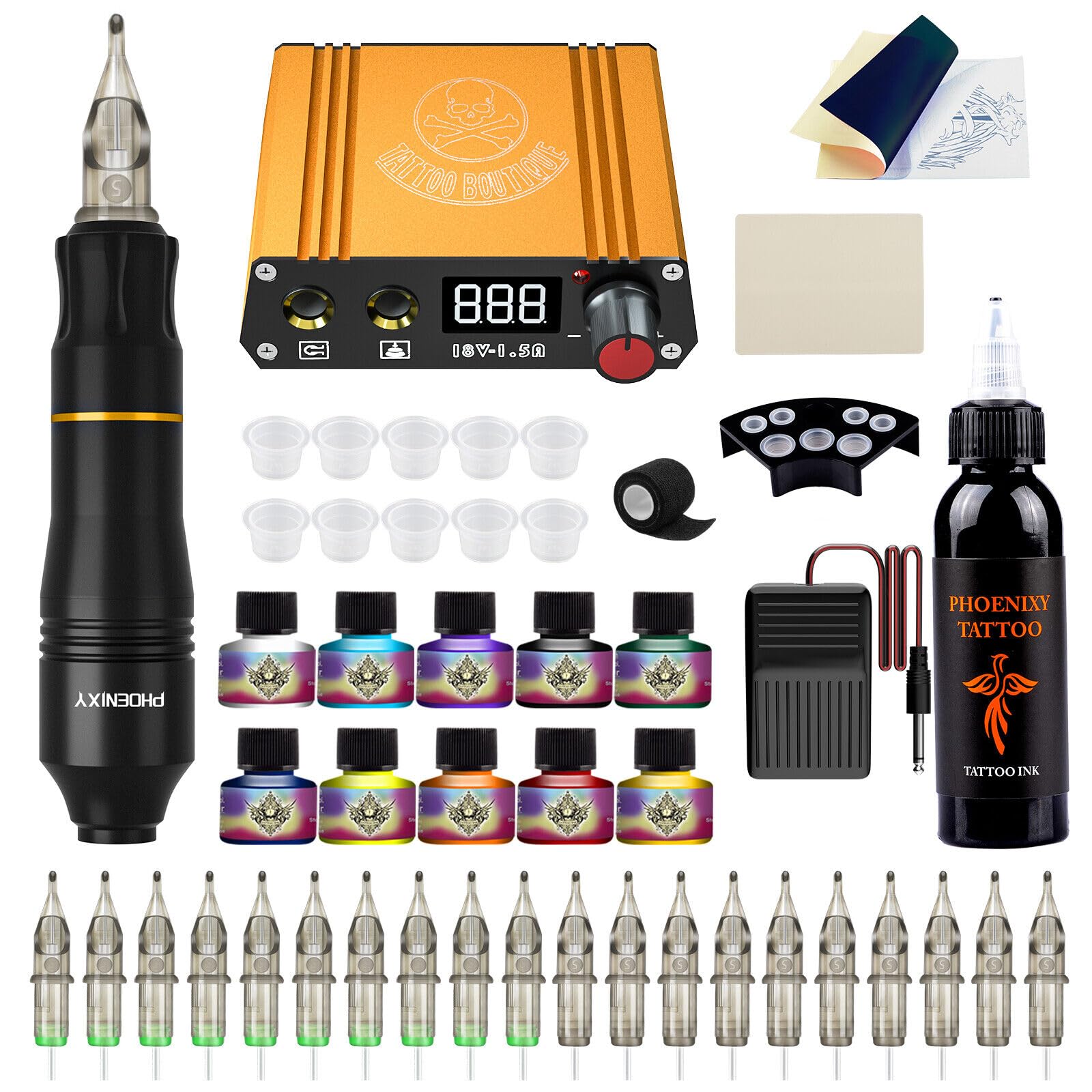 Phoenixy Tattoo Gun - Tattoo Kit Complete Tattoo Machine Kit 20pcs Tattoo Cartridge Needles Rotary Tattoo Pen Machine Switch Power Supply 11 Colours Permanent Tattoo Ink (PH-07)
