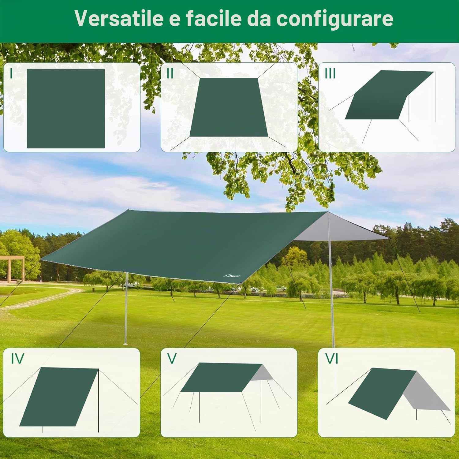 WADEO Kit Telo Copertura con Pali, [3x3M] Impermeabile e Resistente, Protezione UV, Telo da Sole e Pioggia per Shelter, Ideale per Campeggio, Picnic, Spiaggia, Festival, Giardino