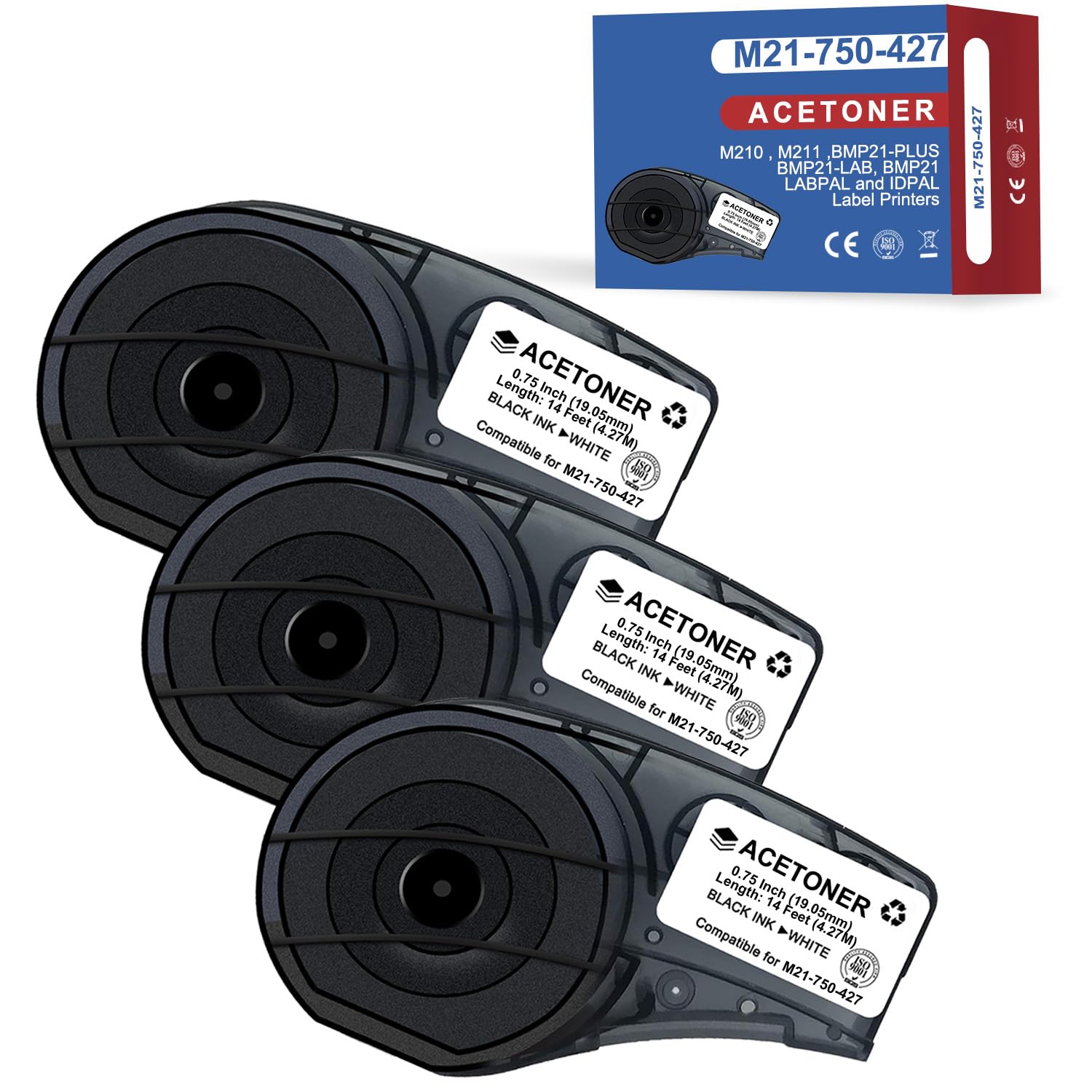 Confezione da 3 nastri adesivi autolaminanti compatibili M21-750-427, 19,05 mm x 4,27 m, filo in vinile e cavi per pannelli di controllo/quadri elettrici, nero su bianco