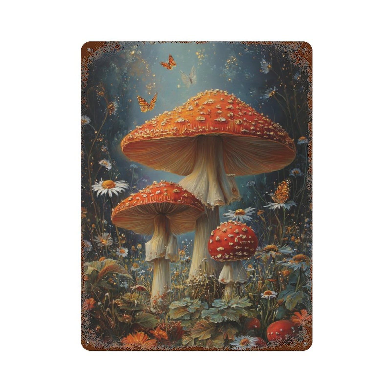 Enchanted Forest Mushrooms-1 15.7"x11.8" Distressed Metal Wall Sign, Retro Wall Decor for Garage, Bar And Workshop Decor