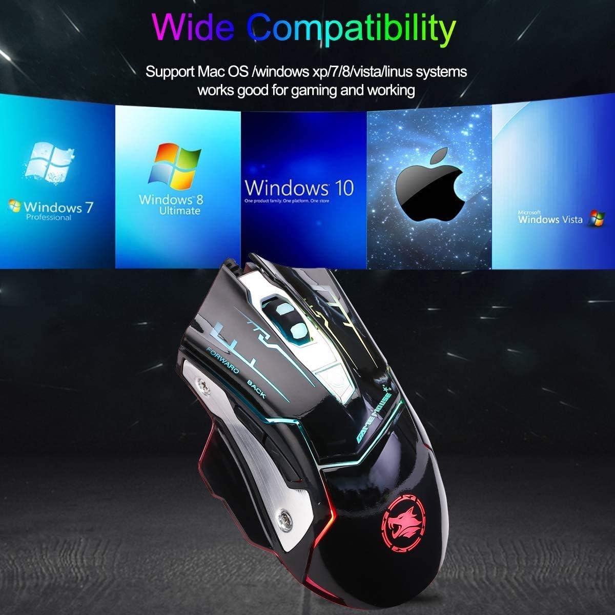 RGB Light up Wired Mouse for Computer - Durable USB Led Laptop Mice w/ 7 Color Backlit, 4 Adjust DPI Up to 3200 for Gaming, Silent & Stable PC Corded Mouse for Mac MacBook Windows Vista Linux PS4