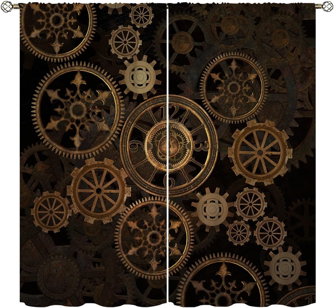 Wusihorld Steampunk Blackout Curtains for Home Decor,Steam Punk Gears Background Rod Pocket Thermal Insulated Drapes Darkening Window Curtain for