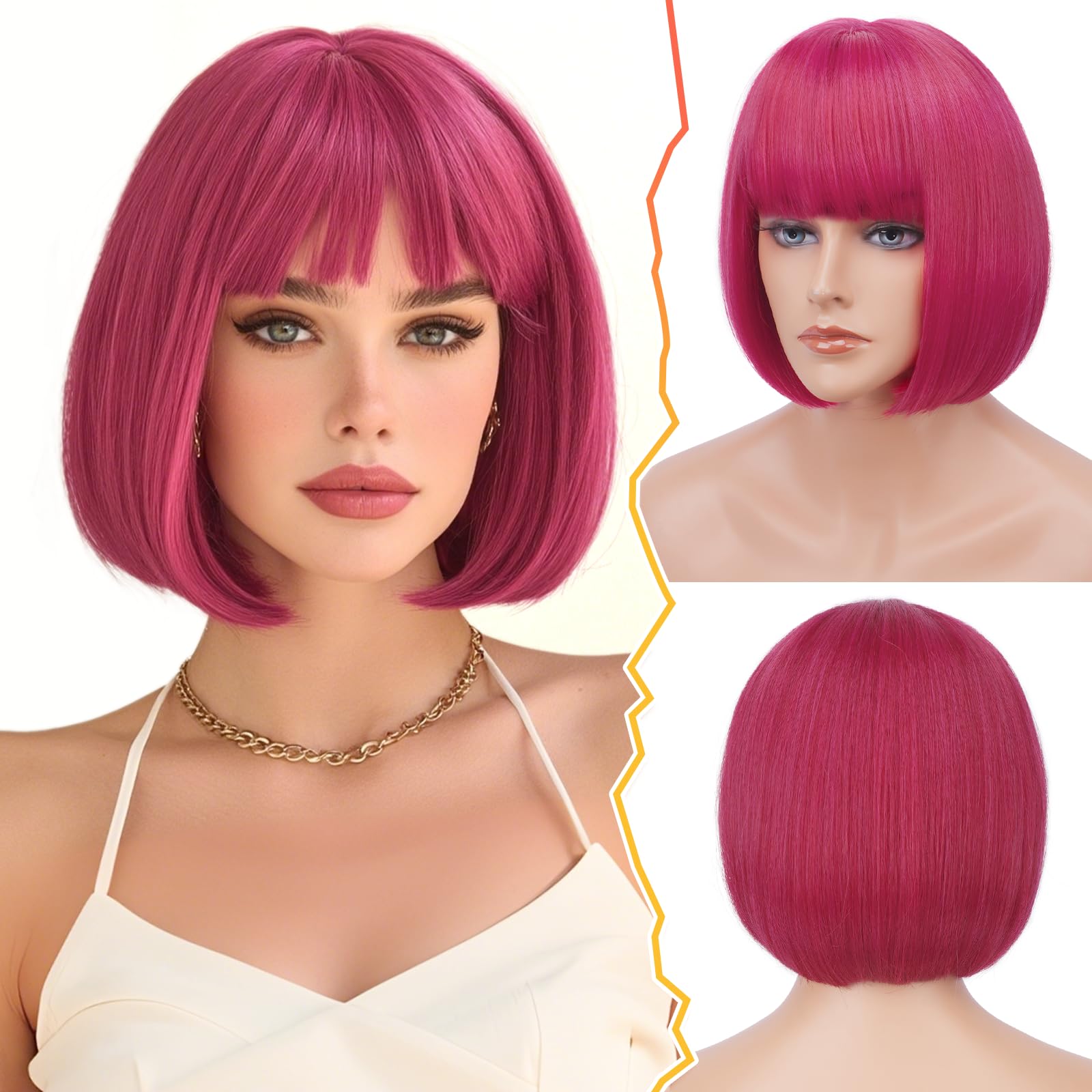 BARSDAR Pink Bob Wigs - Short Pink Red Wig With Bangs for Women - 12 Inch Chin-Length Short Bob Wig With Bangs Natural Looking Soft Synthetic Hair