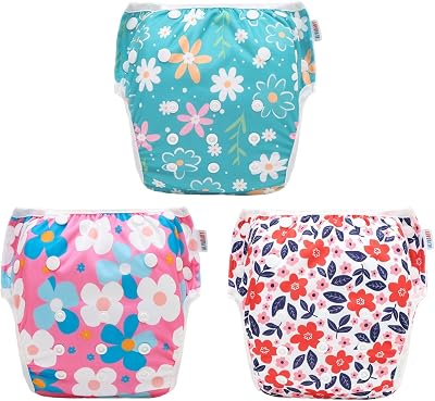 ALVABABY Swim Diapers Reusable Washable Adjustable for Toddlers Baby Girls Swimming Lessons 3 Pack Floral 0-8Months 3SWY86-CA