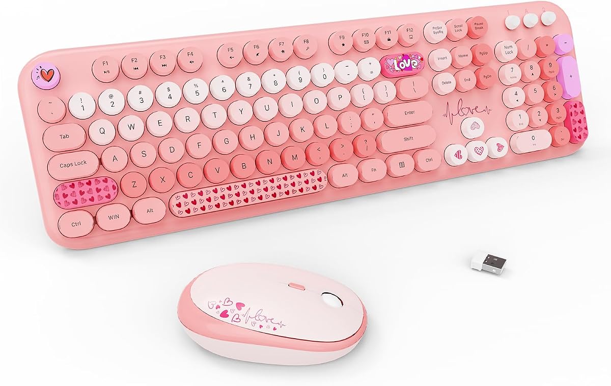 Combo de teclado y mouse inalámbricos de color rosa, lindo juego de tamaño completo con teclas redondas | Bonitas teclas de burbujas flotantes extraíbles, escritura suave con clic, 2,4 GHz para uñas largas, ordenador Mac, oficina, trabajo, PC, portátil y escritorio